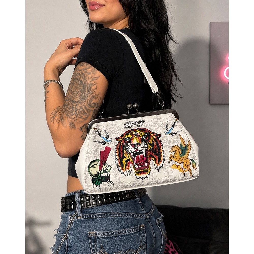 NWT Ed Hardy Tiger Kiss Lock Shoulder Bag Y2K Tattoo‎ Rhinestone Bling Purse